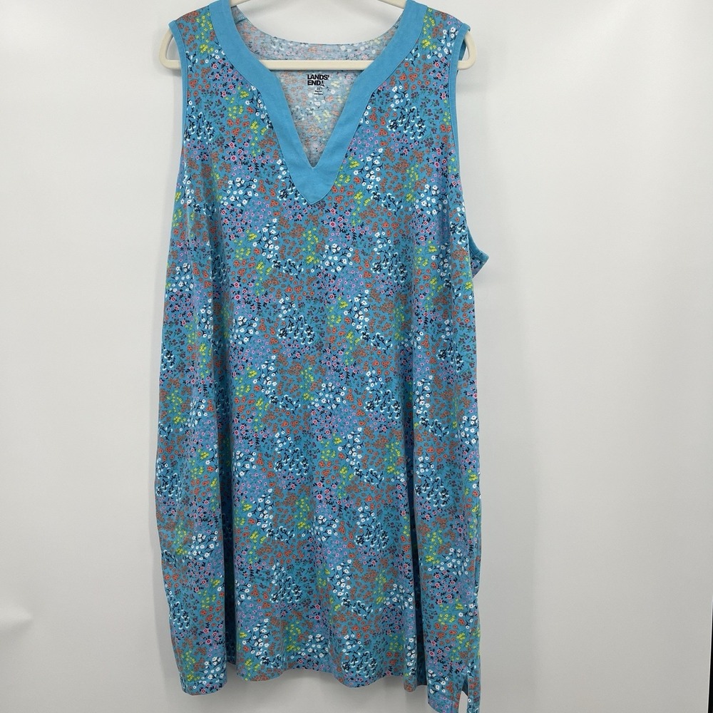 Lands End Dress Ditsy Floral 2x Blue Turquoise Resort Vacation V Neck Short Cute